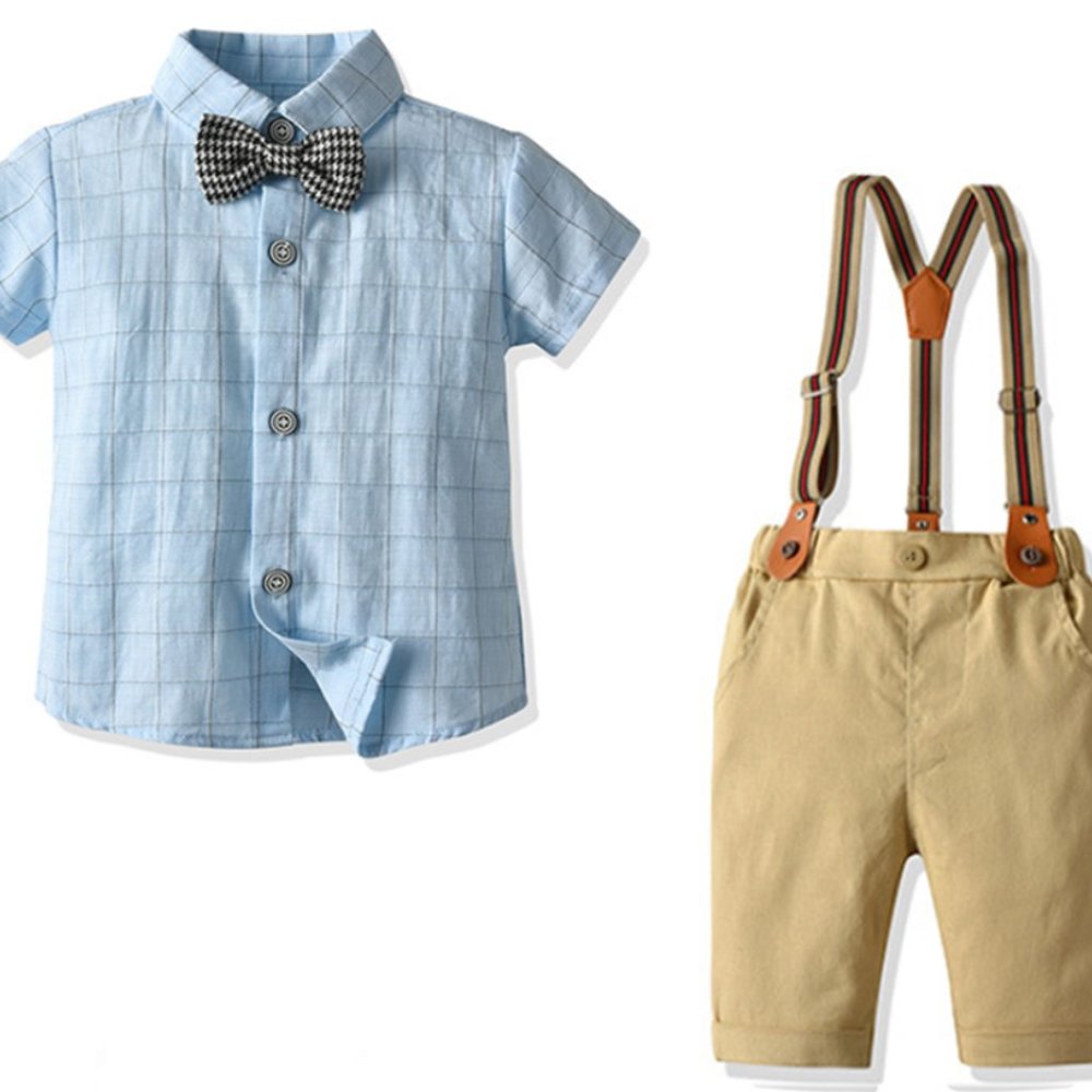 Blue Plaid Bowtie Shirt, Khaki Pants, and Suspenders 3-Piece Little Boy Outfit
